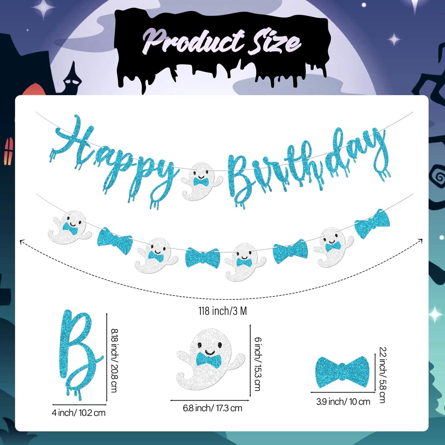 Vofrise Blue Halloween Birthday Banner Glitter Bow Tie Ghost Garland