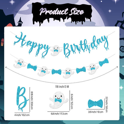 Vofrise Blue Halloween Birthday Banner Glitter Bow Tie Ghost Garland