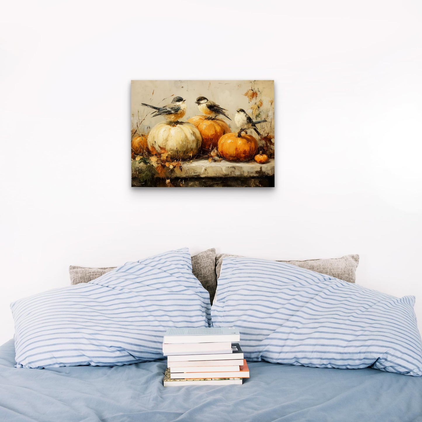 Pugwak Vintage Fall Pumpkin Bird Wall Art Canvas Print 11x14 Inch Landscape