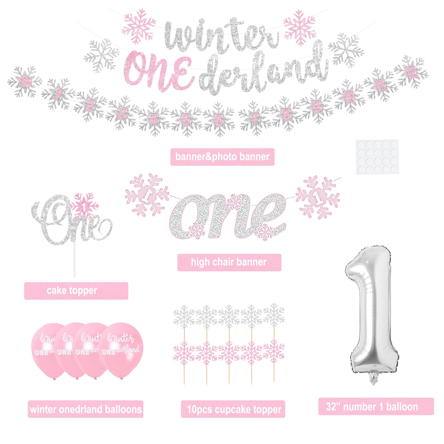 Shempeium Winter Onederland 1st Girl Banner Snowflake Pink Garland