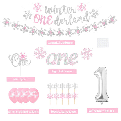Shempeium Winter Onederland 1st Girl Banner Snowflake Pink Garland