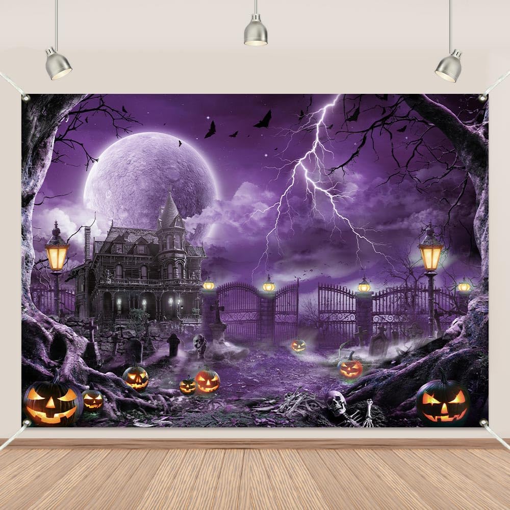Halloween Backdrop Banner Scary Castle Cemetery Purple Full Moon 7x5Ft