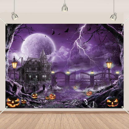 Halloween Backdrop Banner Scary Castle Cemetery Purple Full Moon 7x5Ft