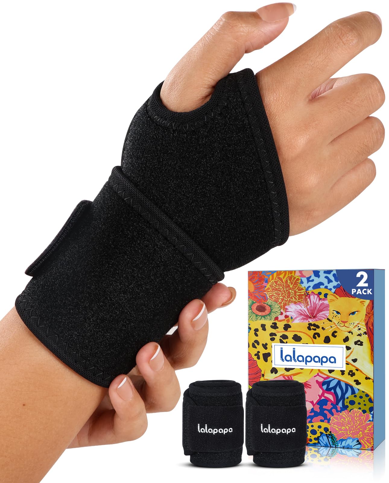 Lalapapa 2 Pack Adjustable Wrist Brace for Men & Women Black Size One Size