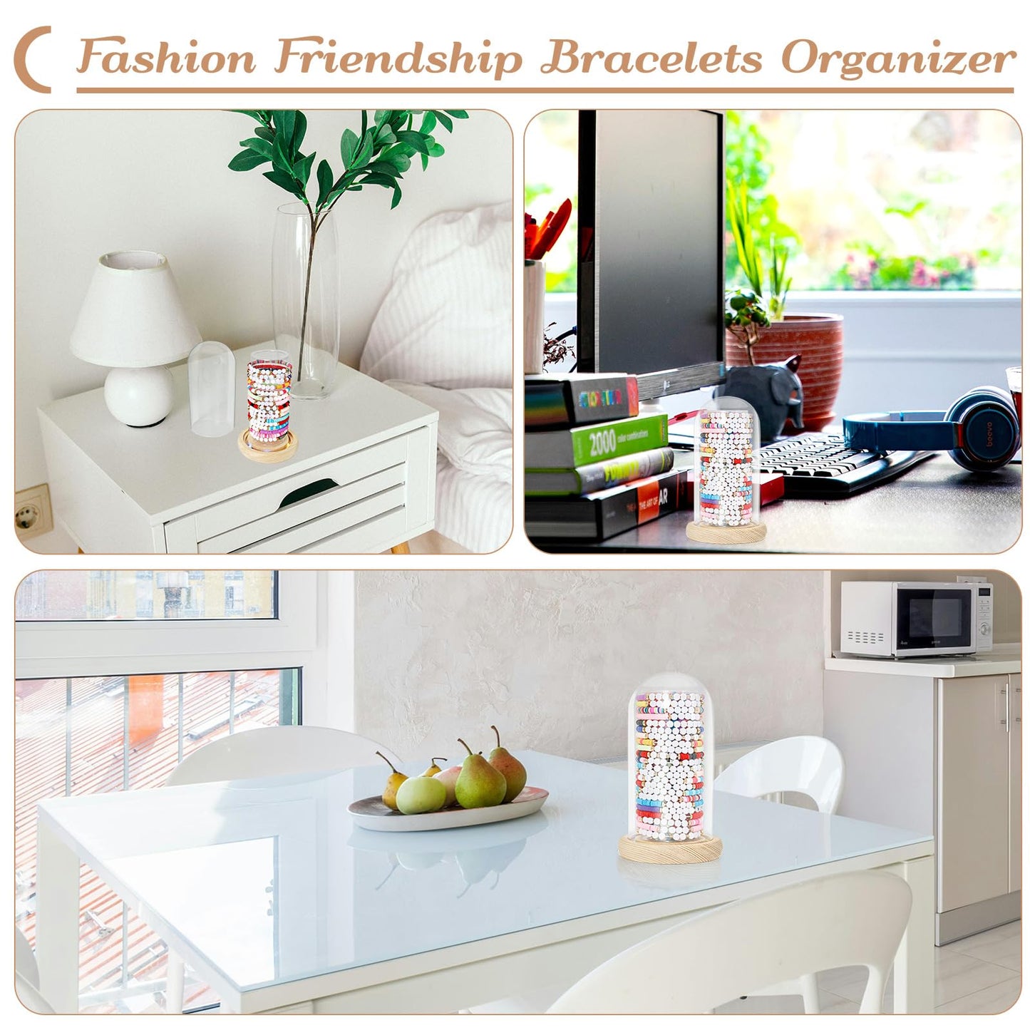 Aolamegs Friendship Bracelets Organizer with Lights Transparent Rustic Wood Base