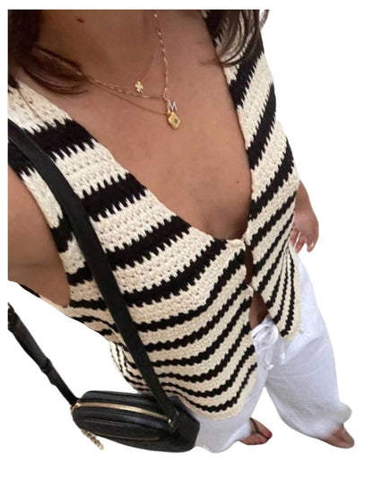 SOLY HUX Women's Striped V Neck Sweater Vest Sleeveless Cardigan Black Beige S