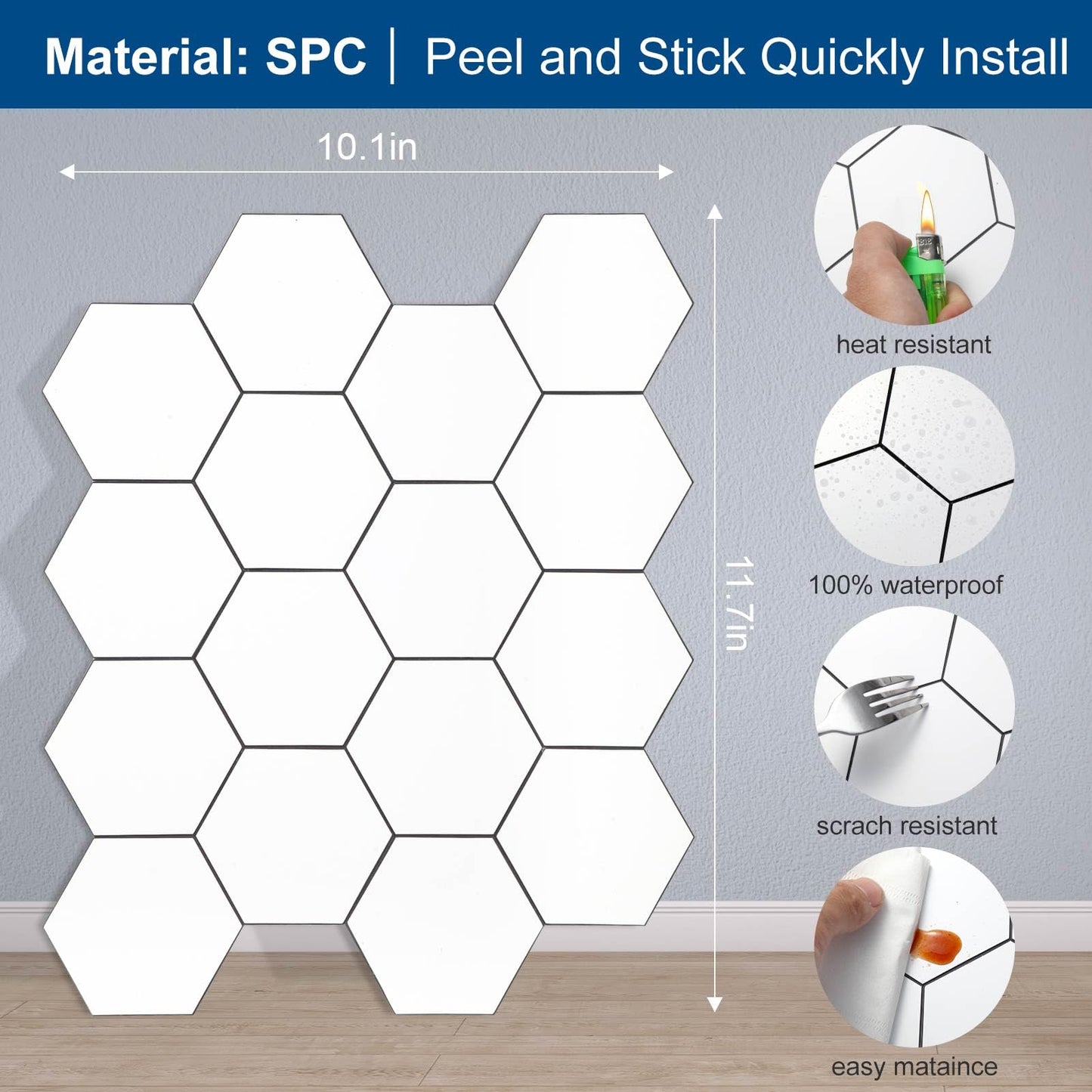 Yipscazo Hexagon Peel Stick Backsplash Tile SPC Faux Marble Pure White 1 Sheet