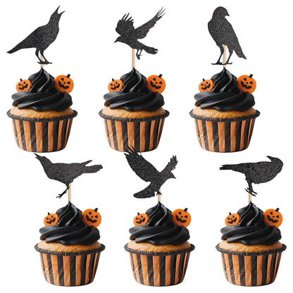 GUYI 24 PCS Halloween Crow Cupcake Toppers Horror Picks Cardstock Toothpick