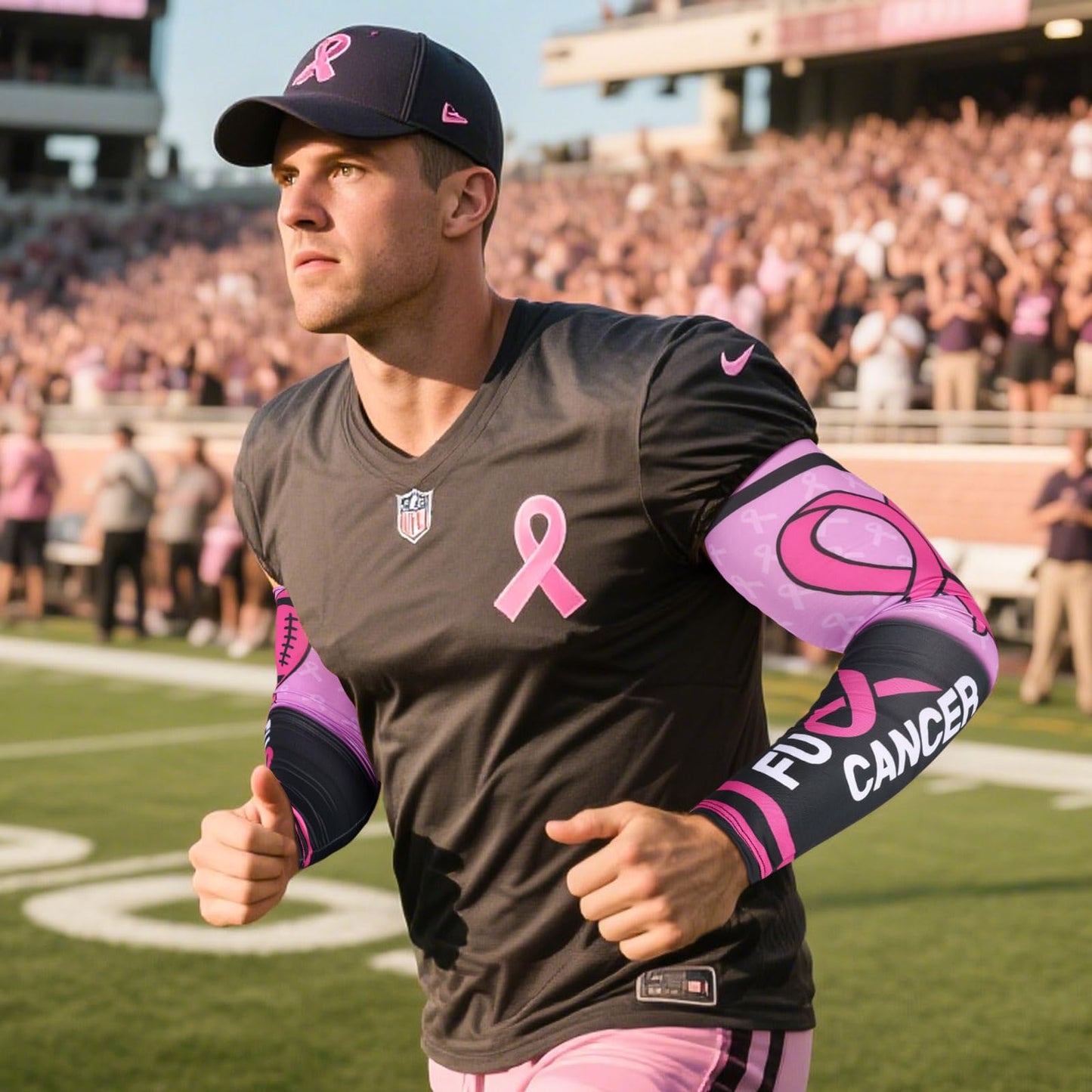 PABOBIT Breast Cancer Awareness Pink Ribbon Arm Sleeve Football 1Pair Size Adult