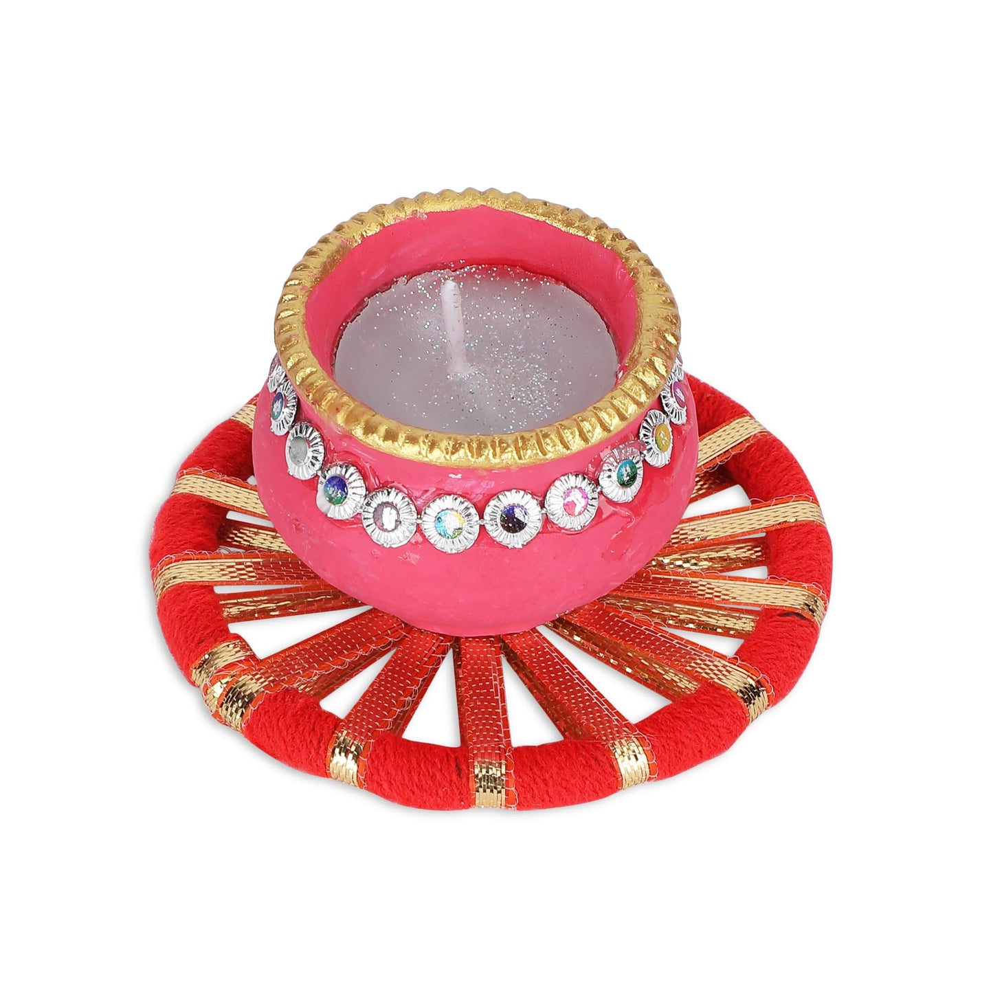 4OUR FAITH Matki Wax Filled Diya Set Handpainted Terracotta 6 Pc Multicolor
