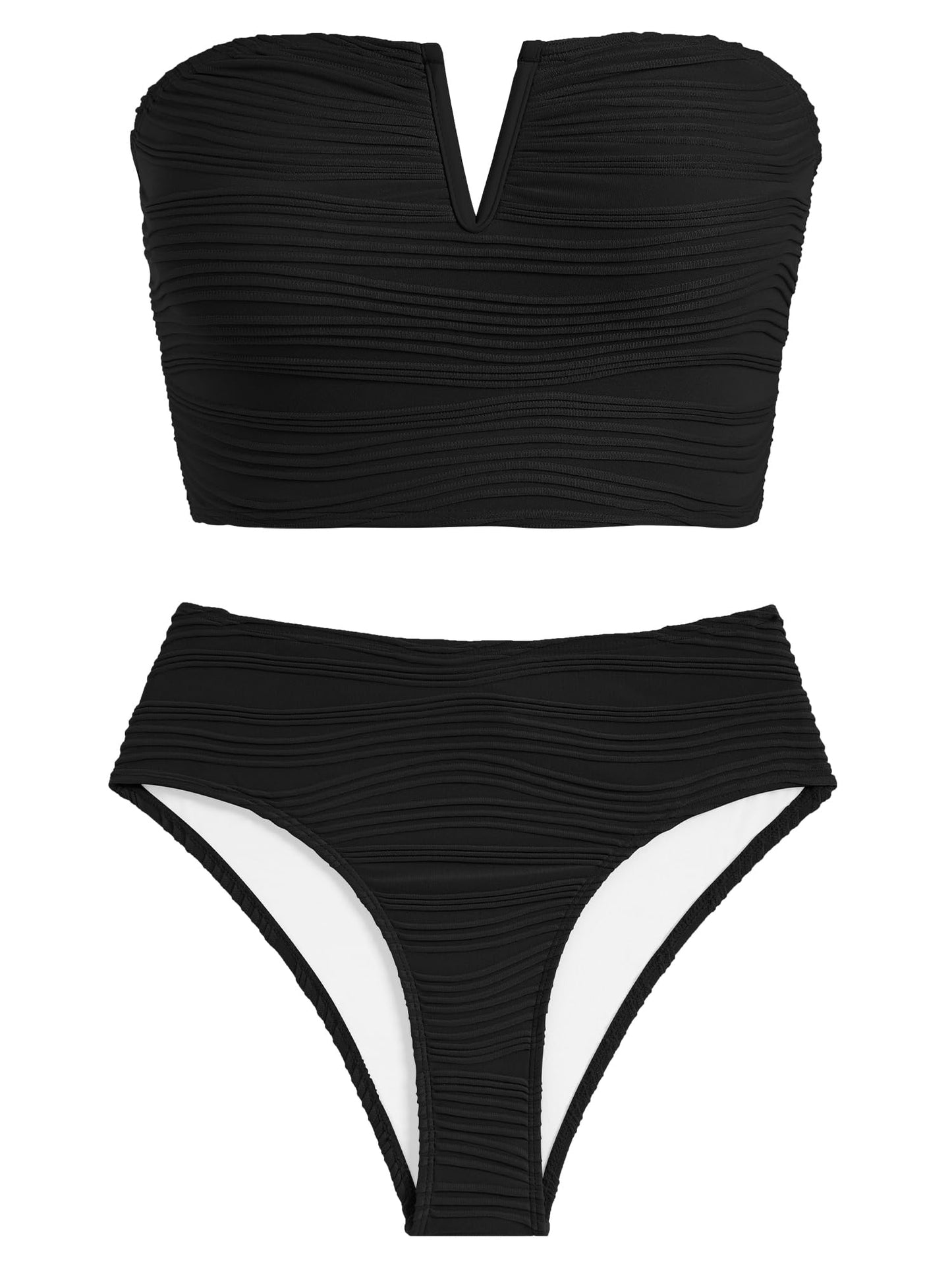 ZAFUL Women Strapless Bandeau Lace Up Bikini Set High Waisted Black Size S