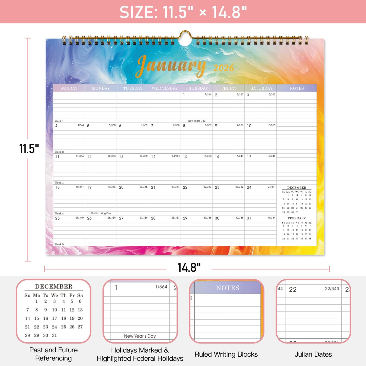 Lbylyhxc 2026 Wall Calendar 18 Months Jul 2025-Dec 2026 14.8x11.5 Rainbow