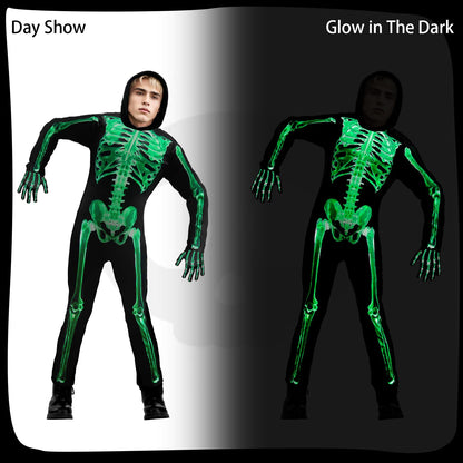 XXLOG Glow in the Dark Skeleton Costume Hooded Jumpsuit Halloween Cosplay Adult