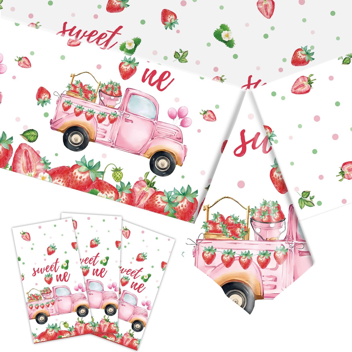 PHOGARY 3 PCS Strawberry Tablecloth Plastic Party Decor Pink 108x54in