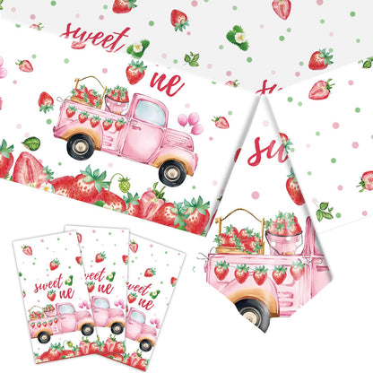 PHOGARY 3 PCS Strawberry Tablecloth Plastic Party Decor Pink 108x54in