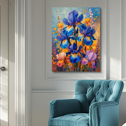 HTTART Blue Iris Flower Oil Painting Wall Art Van Gogh Style 12x16 Set of 3