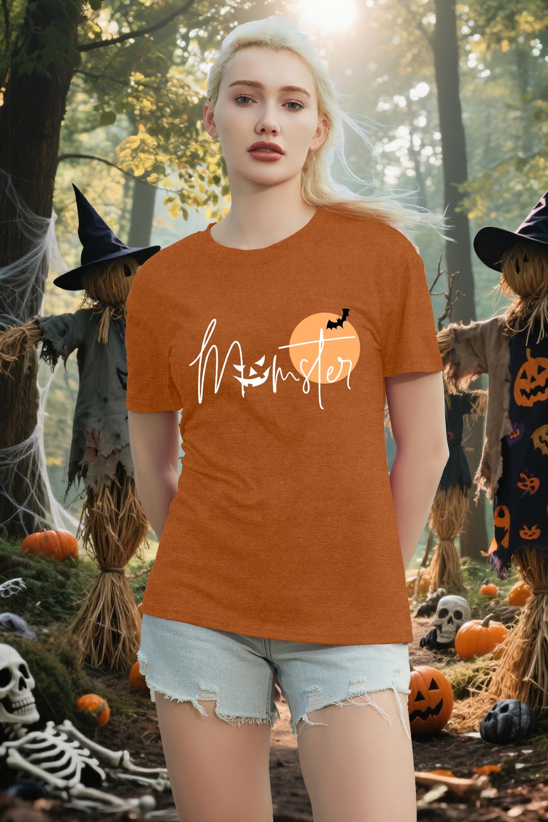 NEWKA Halloween Momster TShirt Women Funny Spider Bat Letter Print Brown Size XL