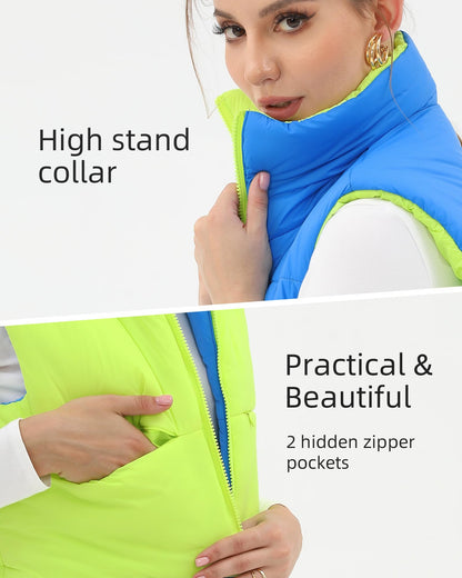 Xeoxarel Women's Reversible Puffer Cropped Vest Full Zip Sleeveless Green Blue M