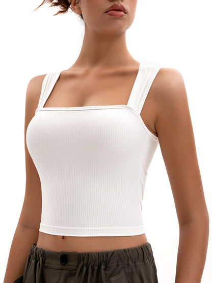 MOSSROZZ Crop Tank Top White Ribbed Athletic Slim Fit Wide Strap Size M