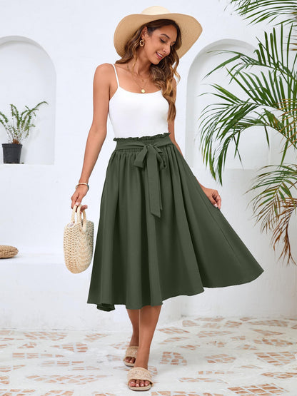 Poplab Women's Elastic High Waist Pleated A-Line Midi Skirt Army Green Size 2XL