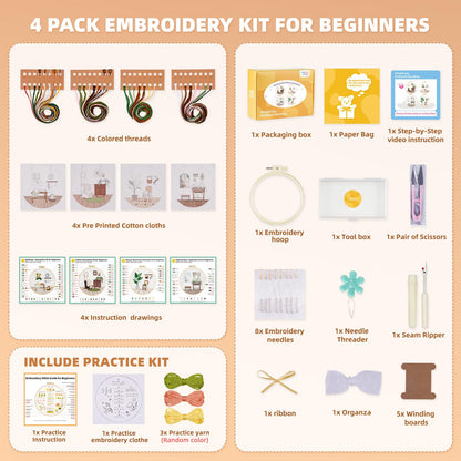 4 Pack Beginner Embroidery Kits DIY Starter Kit w Hoop Threads Tools