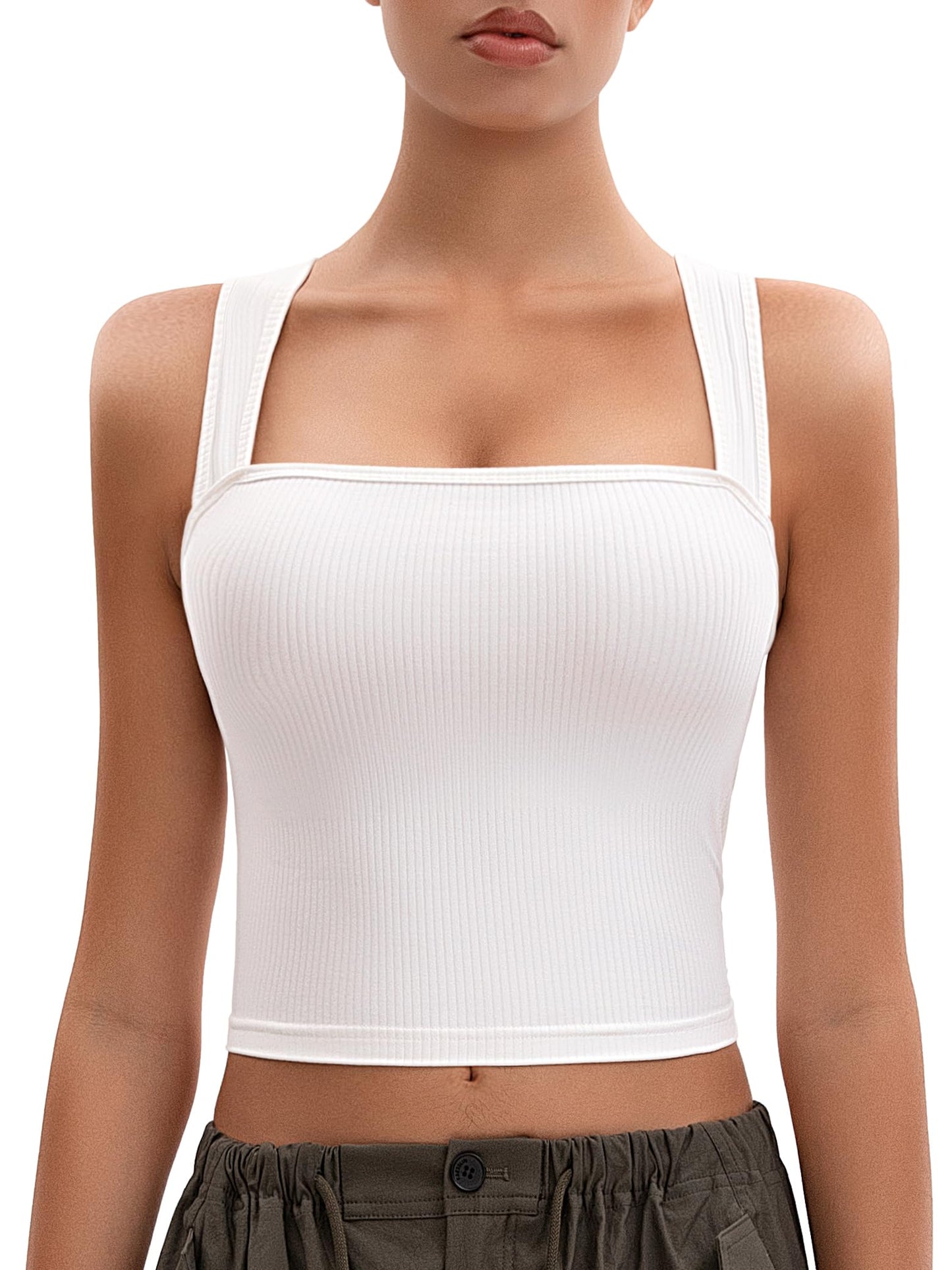 MOSSROZZ Crop Tank Top White Ribbed Athletic Slim Fit Wide Strap Size M