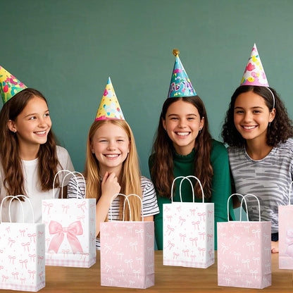 BOXOB Pink Bow Gift Bags 12pcs 8.27x6.3x3.15in Pink White Party Favor