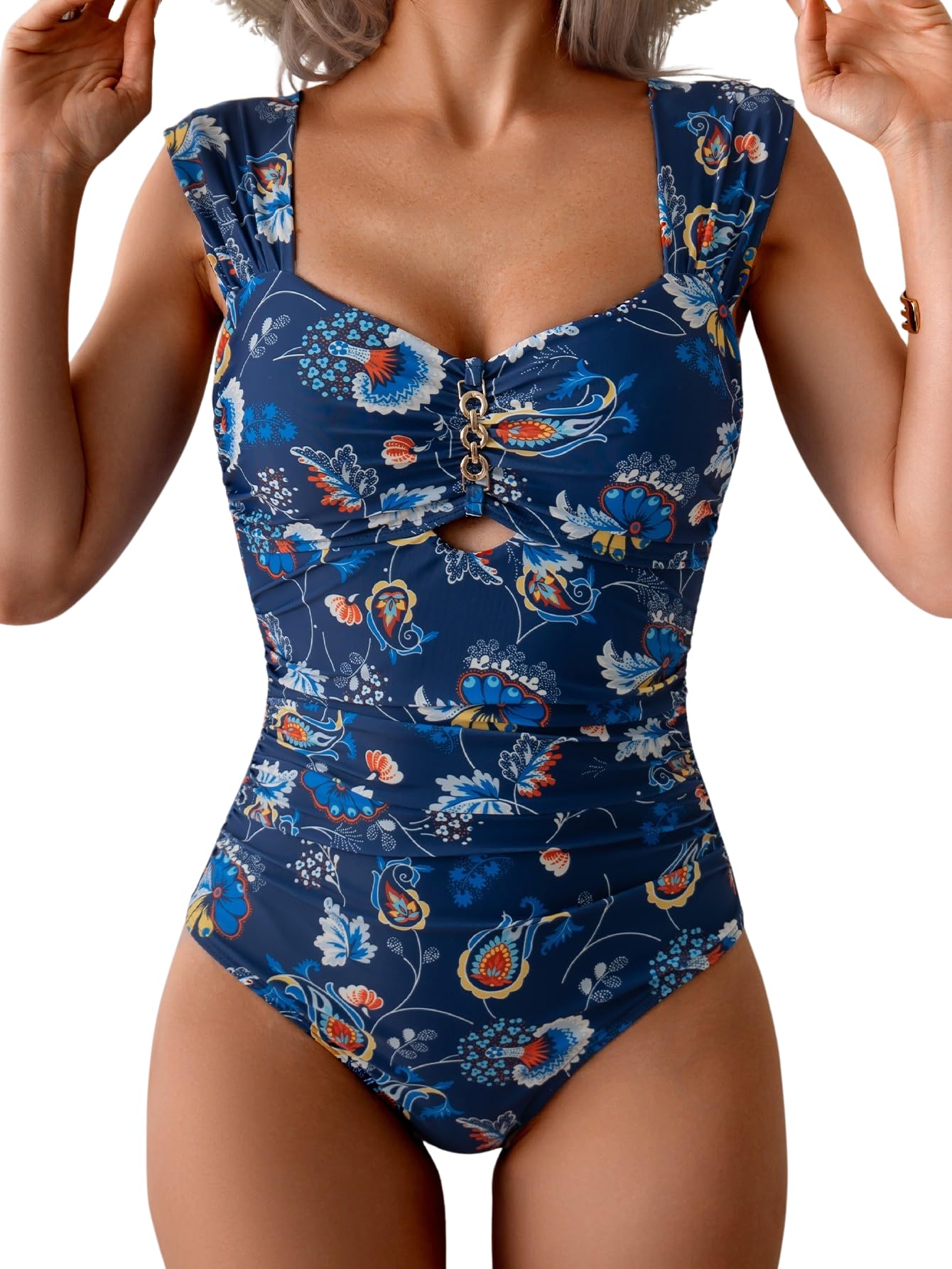 Eomenie Womens One Piece Tummy Control Push Up Wide Strap Navy Blue Print Size M