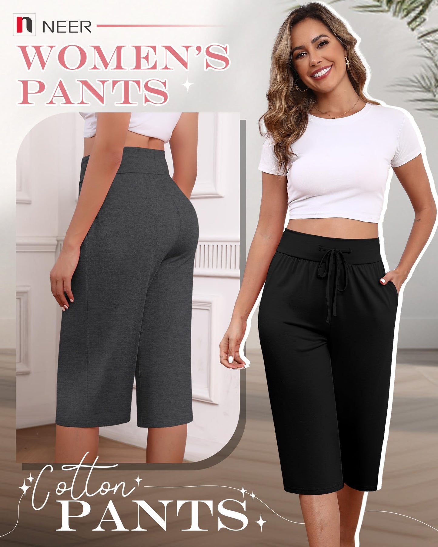 Neer Women's Capri Yoga Pants Wide Leg Drawstring Pockets Black Gray Small