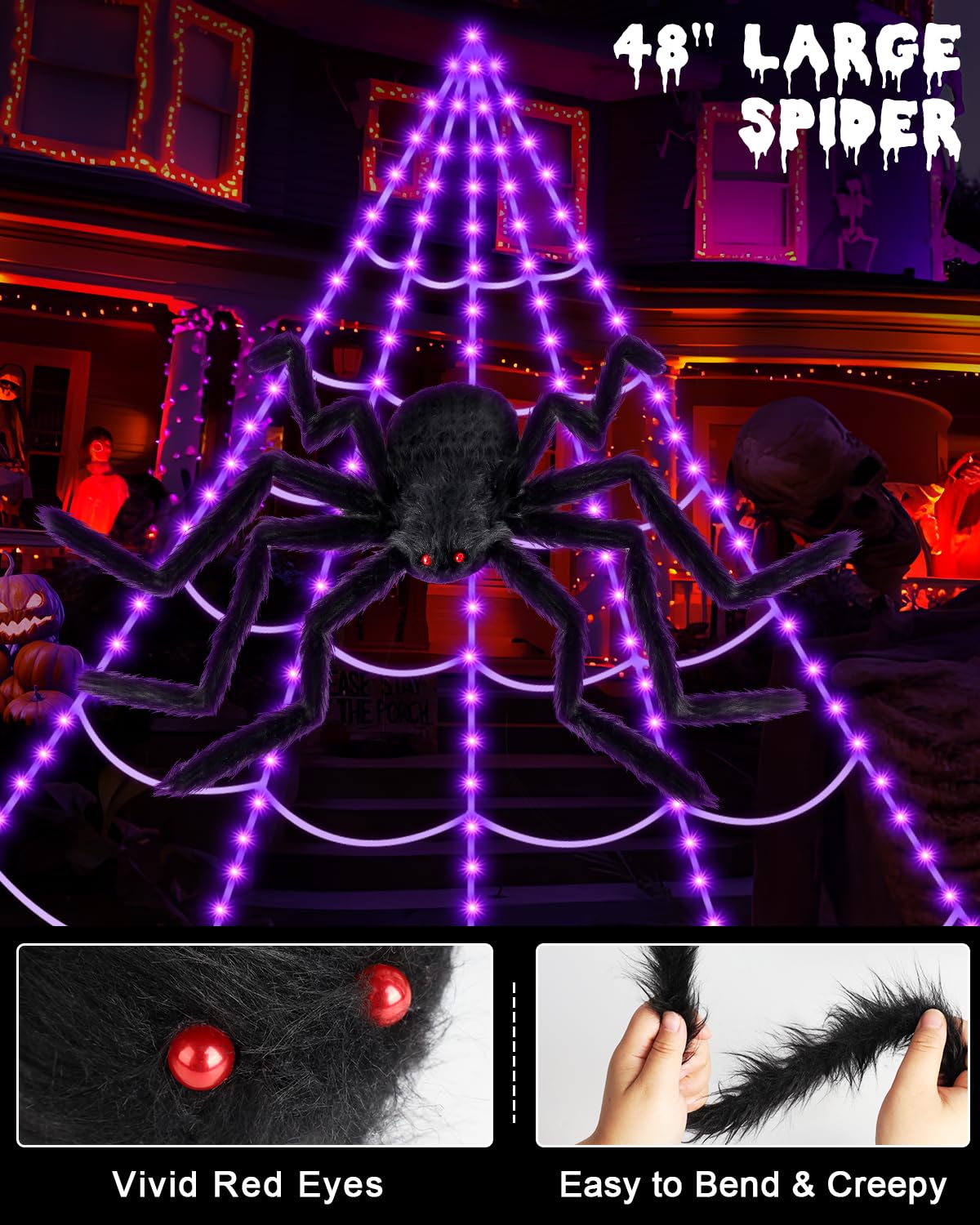 ECOHDT Brighter Spider Webs Halloween Lights 250 Purple LED 16.4Ft 8 Modes