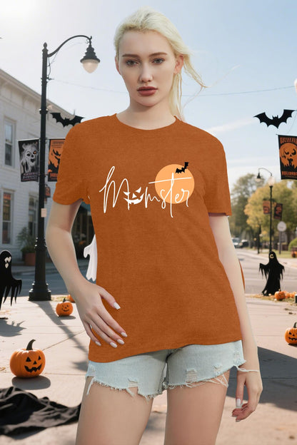 NEWKA Halloween Momster TShirt Women Funny Spider Bat Letter Print Brown Size XL