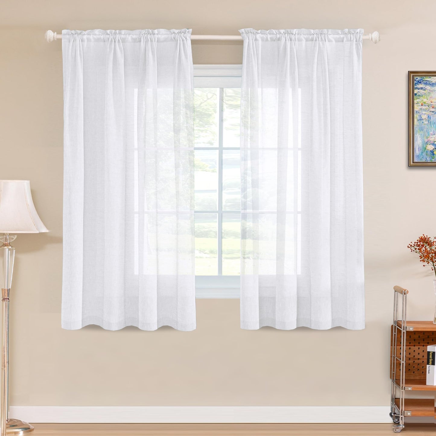Turquoize Linen Sheer Rod Pocket Curtains 52x63in Set of 2 Pure White