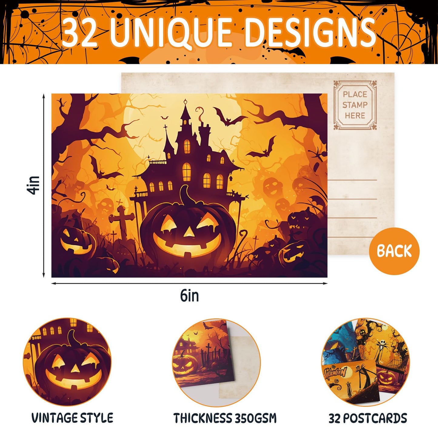 Tlenpo Halloween Postcards 32pcs 4x6in 350gsm Vintage Pumpkin Skeleton