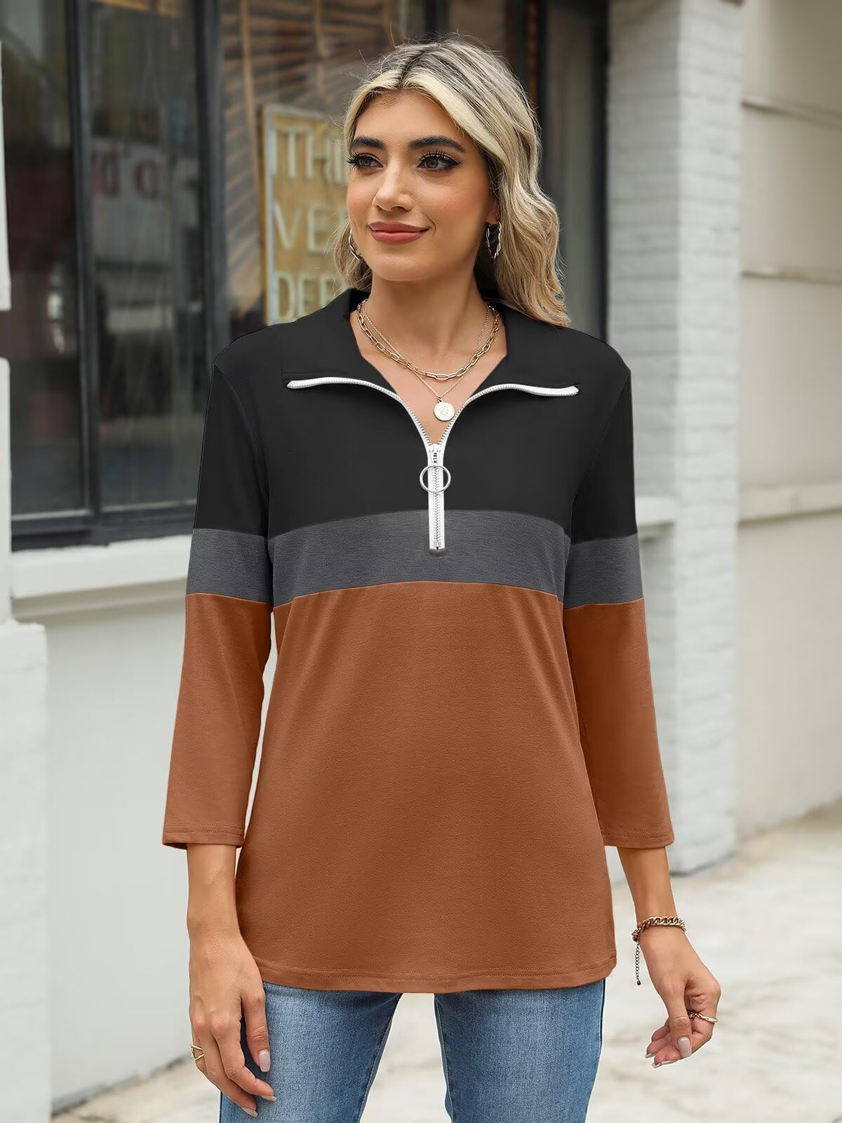 TICTICMISS Women's V Neck 3/4 Sleeve Zipper Polo Shirt Black-Charcoal-Brown L