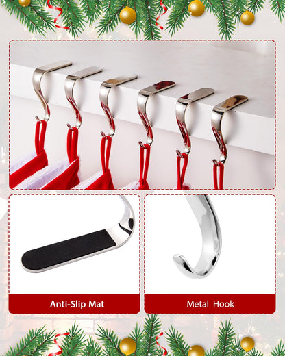 Minetom Christmas Stocking Holders Set of 6 Metal Mantle Hooks Silver