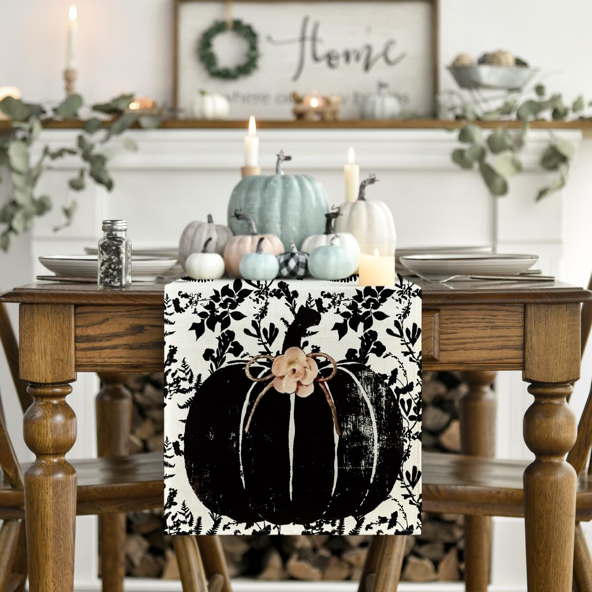 Artoid Mode Pumpkin Leaves Darkness Flower Fall Table Runner Black 13x36 Inch