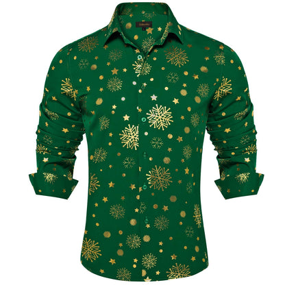 DiBanGu Mens Christmas Long Sleeve Button Down Shirt Green Gold Snowflake Size S