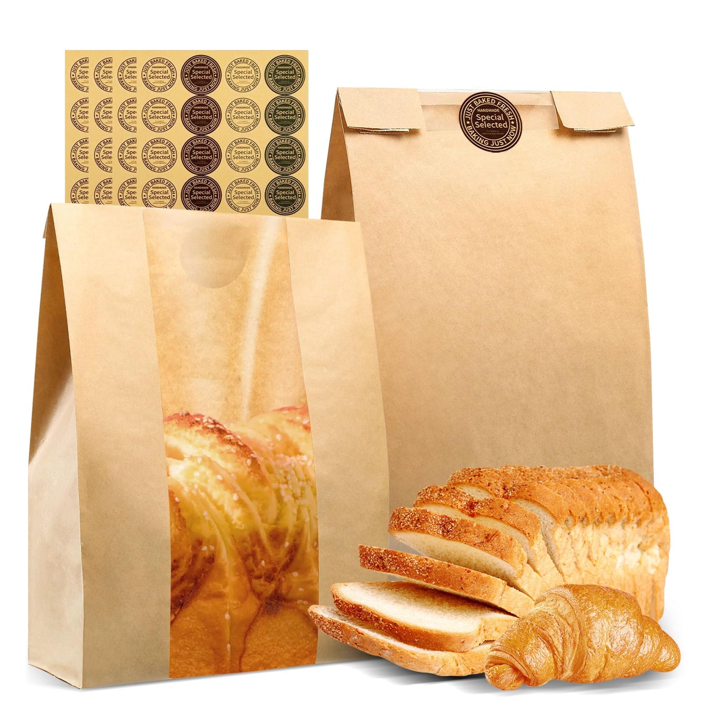 50 Pcs Kraft Paper Bread Bags with Window 13.7x8.3x3.7in + Seal Stickers