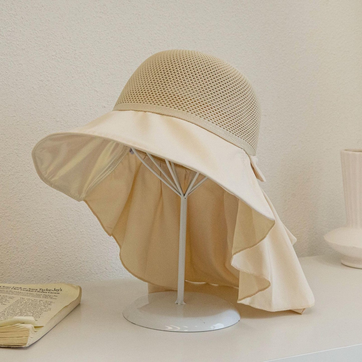 CAOCEFA Womens UPF50 Mesh Sun Hat Wide Brim Neck Flap Off White
