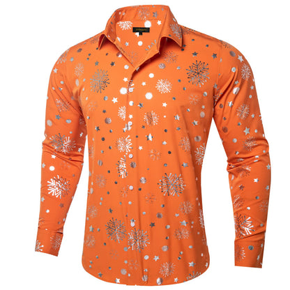 DiBanGu Mens Christmas Long Sleeve Button Down Shirt Orange Silver Size XX-Large