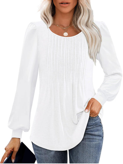 Licemere Women's Long Sleeve Pleated Puff Sleeve Tunic Shirt White Size L