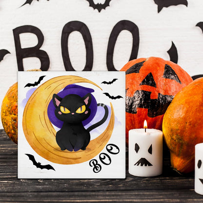 Hijie Halloween Black Cat Bat Wooden Sign Decor 5x5 Inches Indoor