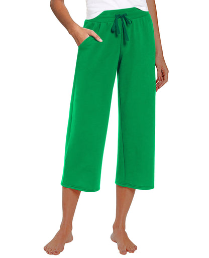 RESHE Womens Capri Pants Yoga Wide Leg Drawstring Pockets Green Size 2XL