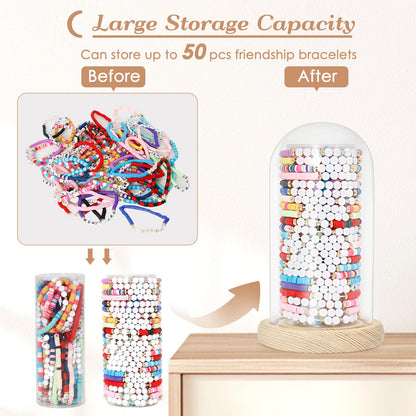 Aolamegs Friendship Bracelets Organizer with Lights Transparent Rustic Wood Base