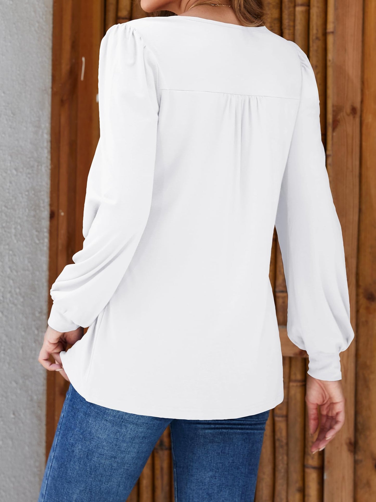 Licemere Women's Long Sleeve Pleated Puff Sleeve Tunic Shirt White Size L