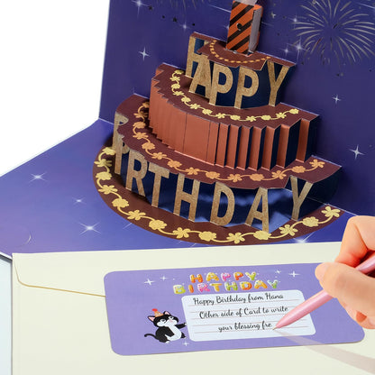 CANREVEL 3D Pop Up Fireworks Birthday Card LED Music Orange Cake Color