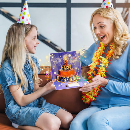 CANREVEL 3D Pop Up Fireworks Birthday Card LED Music Orange Cake Color