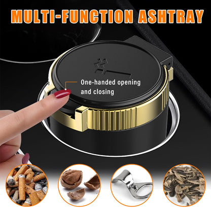 Kewucn Car Ashtray with Lid Portable Stainless Steel LED Blue Light Gold