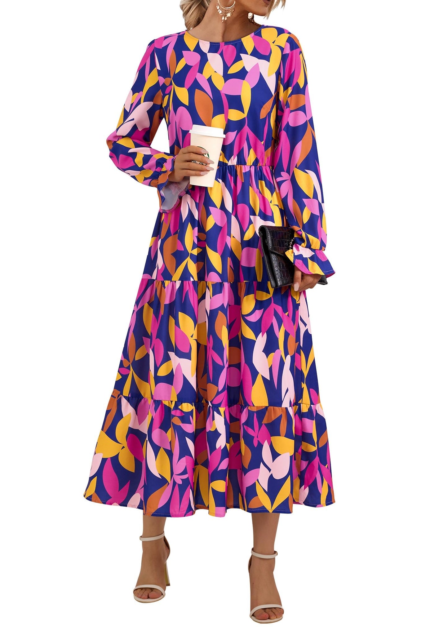 KIRUNDO Womens Long Sleeve Boho Floral Midi Dress Blue Purple Size M
