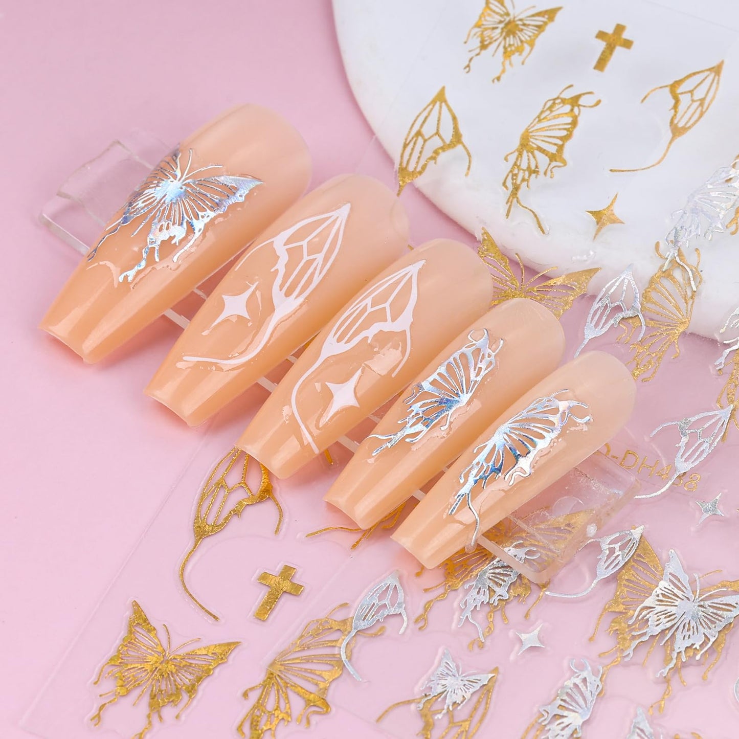 Kikonoke 12 Sheets Laser Butterfly Nail Stickers White Silver Gold 3D Decals